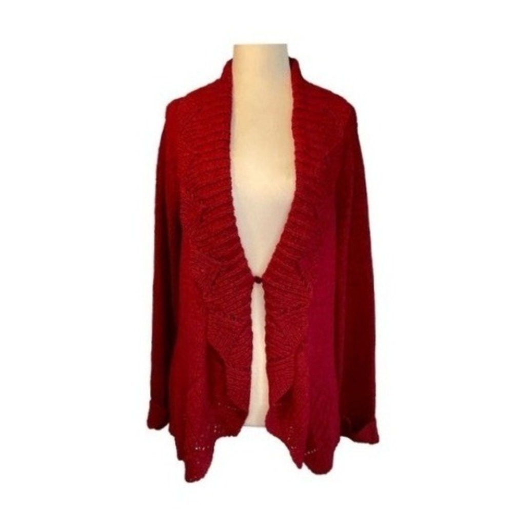 Tweeds Waterfall Cardigan Sweater Red Open Knit Long Sleeve Yoke Collar XL